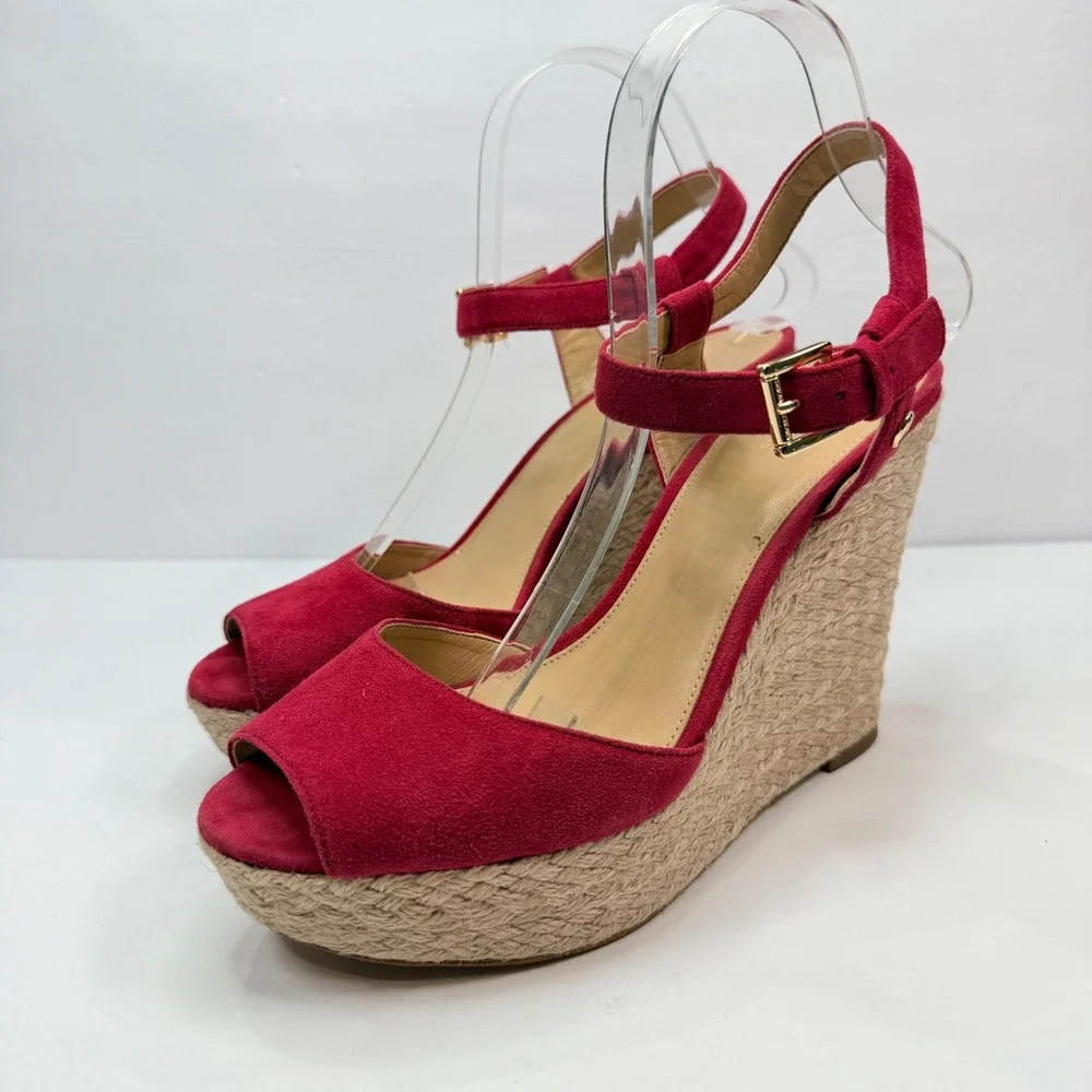 Michael Kors Women 9 Wedge Red Suede Espadrille Platform Sandals Luxury Designer